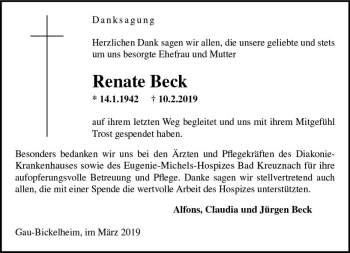 Traueranzeige von Renate Beck von vrm-trauer