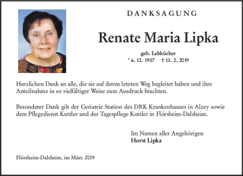 Traueranzeige von Renate Maria Lipka von vrm-trauer