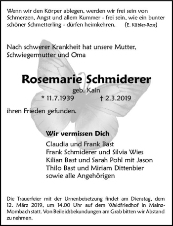 Traueranzeige von Rosemarie Schmiderer von vrm-trauer