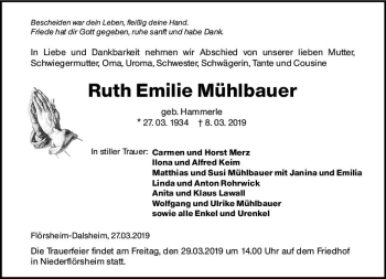 Traueranzeige von Ruth Emilie Mühlbauer von vrm-trauer