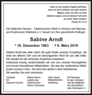 Traueranzeige von Sabine Arndt von vrm-trauer