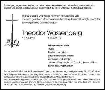 Traueranzeige von Theodor Wassenberg von vrm-trauer