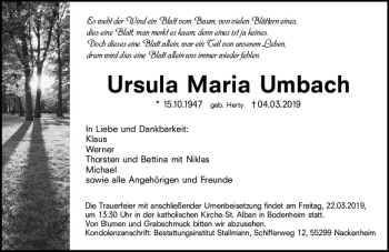 Traueranzeige von Ursula Maria Umbach von vrm-trauer