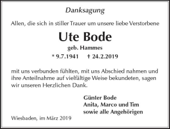 Traueranzeige von Ute Bode von vrm-trauer