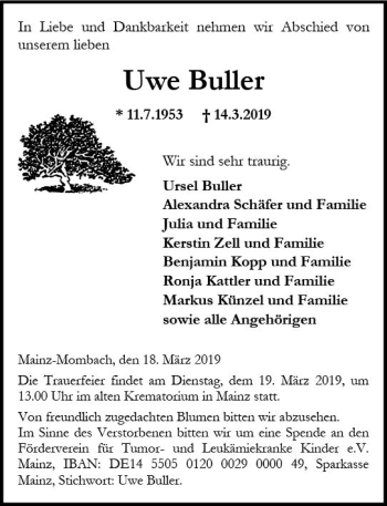 Traueranzeige von Uwe Buller von vrm-trauer