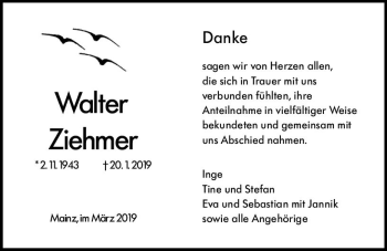 Traueranzeige von Walter Ziehmer von vrm-trauer
