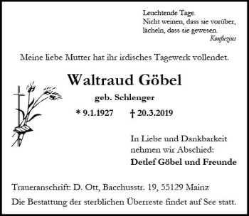 Traueranzeige von Waltraud Göbel von vrm-trauer