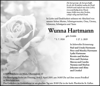 Traueranzeige von Wunna Hartmann von vrm-trauer