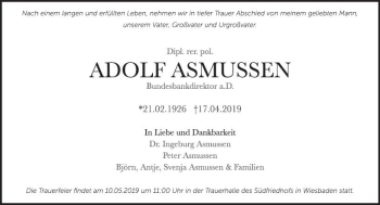 Traueranzeige von Adolf Asmussen von vrm-trauer