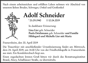 Traueranzeige von Adolf Schneider von vrm-trauer