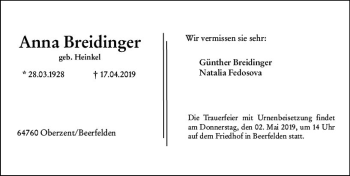 Traueranzeige von Anna Breidinger von vrm-trauer
