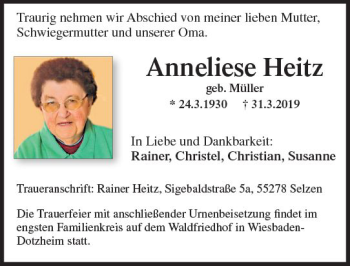 Traueranzeige von Anneliese Heitz von vrm-trauer