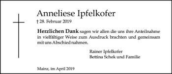 Traueranzeige von Anneliese Ipfelkofer von vrm-trauer