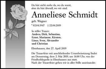 Traueranzeige von Anneliese Schmidt von  HA - Hinterländer Anzeiger ()