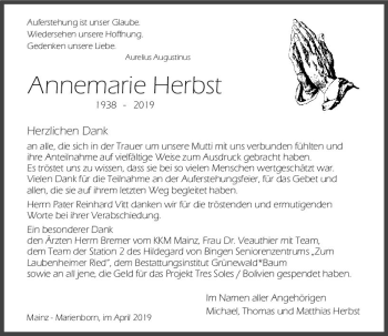 Traueranzeige von Annemarie Herbst von vrm-trauer