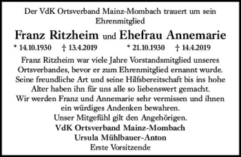 Traueranzeige von Annemarie Ritzheim von vrm-trauer