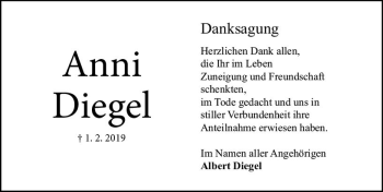 Traueranzeige von Anni Diegel von VRM Trauer