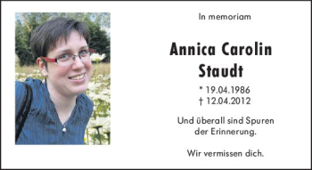 Traueranzeige von Annica Carolin Staudt von vrm-trauer