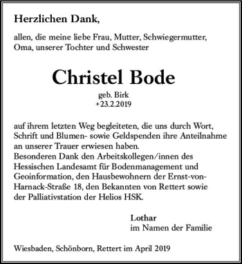 Traueranzeige von Christel Bode von vrm-trauer