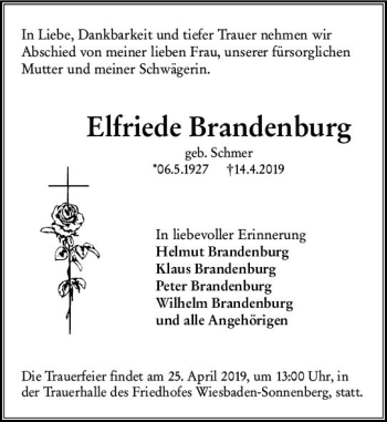 Traueranzeige von Elfriede Brandenburg von vrm-trauer