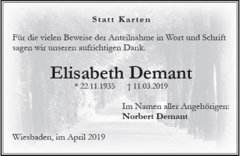 Traueranzeige von Elisabeth Demant von vrm-trauer