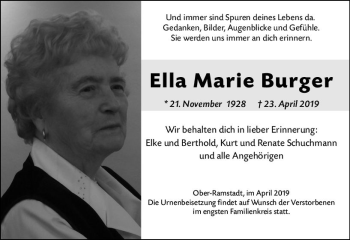 Traueranzeige von Ella Marie Burger von vrm-trauer