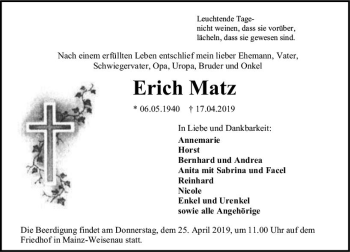 Traueranzeige von Erich Matz von vrm-trauer