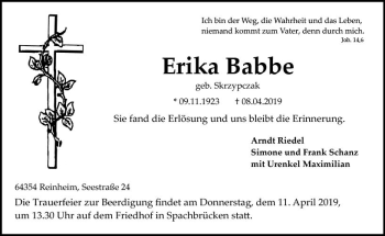 Traueranzeige von Erika Babbe von vrm-trauer