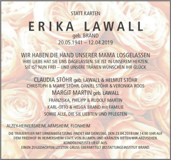 Traueranzeige von Erika Lawall von vrm-trauer