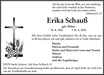 Traueranzeige von Erika Schauß von vrm-trauer