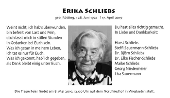 Traueranzeige von Erika Schliebs von vrm-trauer