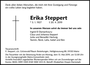 Traueranzeige von Erika Steppert von vrm-trauer
