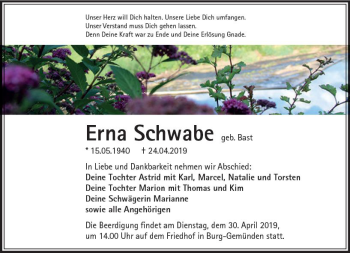 Traueranzeige von Erna Schwabe von VRM Trauer