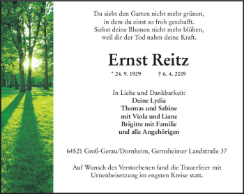 Traueranzeige von Ernst Reitz von vrm-trauer