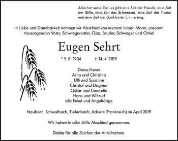 Traueranzeige von Eugen Sehrt von  WNZ - Wetzlarer Neue Zeitung ()