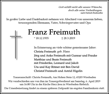 Traueranzeige von Franz Freimuth von vrm-trauer