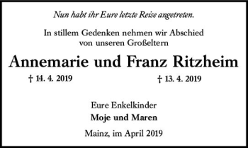 Traueranzeige von Franz Ritzheim von vrm-trauer