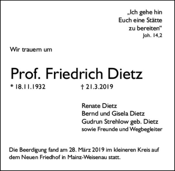 Traueranzeige von Friedrich Dietz von vrm-trauer