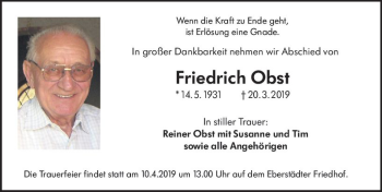 Traueranzeige von Friedrich Obst von vrm-trauer