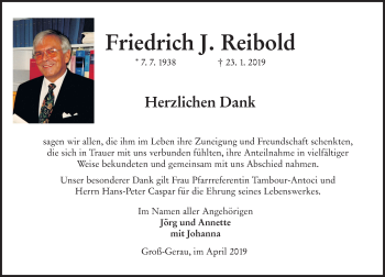 Traueranzeige von Friedrich J.  Reibold von vrm-trauer