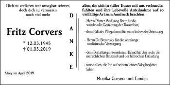 Traueranzeige von Fritz Corvers von vrm-trauer