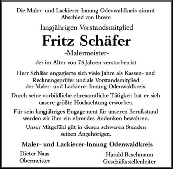 Traueranzeige von Fritz Schäfer von vrm-trauer