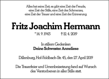 Traueranzeige von Fritz Joachim Hermann von  Dill Block ()