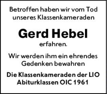 Traueranzeige von Gerd Hebel von vrm-trauer