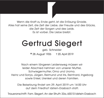 Traueranzeige von Gertrud Siegert von vrm-trauer