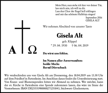 Traueranzeige von Gisela Alt von vrm-trauer