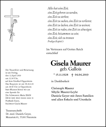 Traueranzeige von Gisela Maurer von vrm-trauer