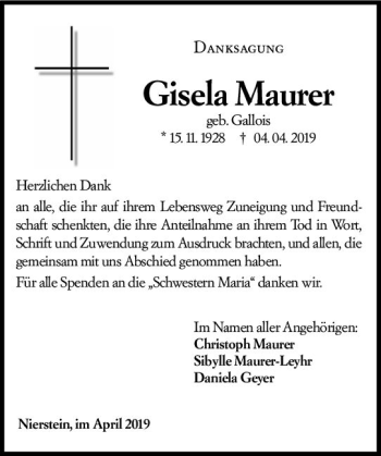 Traueranzeige von Gisela Maurer von vrm-trauer