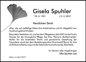 Traueranzeige von Gisela Spuhler von vrm-trauer