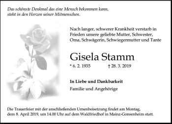 Traueranzeige von Gisela Stamm von vrm-trauer